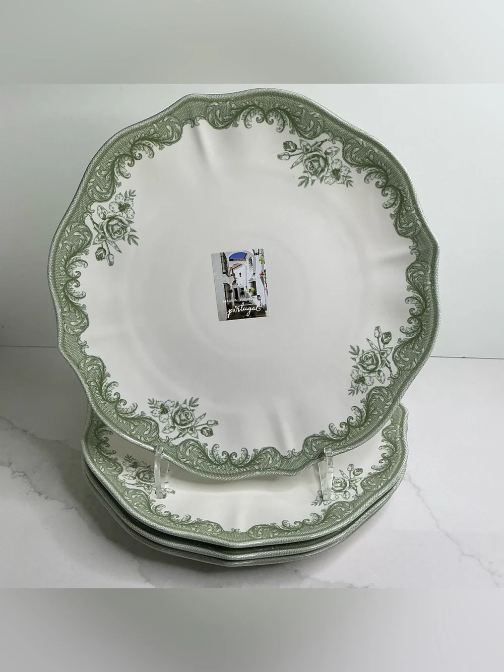 4 Matceramica Stoneware Dinner Plates Green Rose Scalloped 11” Portugal New